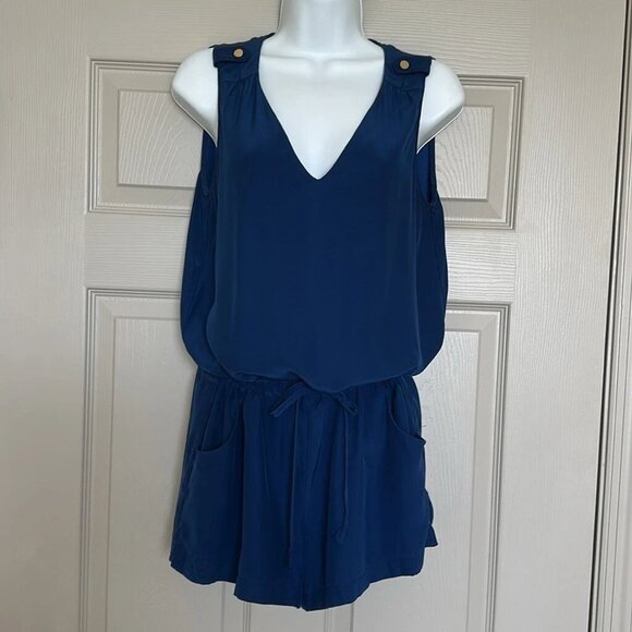 Amanda Uprichard Women’s Navy 100% Silk Sleeveless Tie Waist V-Neck Romper Sz S - Picture 1 of 10